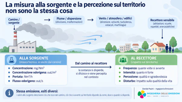 Illustrazione del percorso dell'emissione dal camino al recettore sensibile: parametri misurati alla sorgente e parametri di percezione e disturbo sul territorio