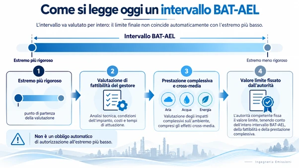 Schema su come si legge oggi un intervallo BAT-AEL: dall'estremo più rigoroso alla valutazione di fattibilità del gestore, alla prestazione complessiva e cross-media, fino al valore limite fissato dall'autorità