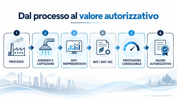 Infografica dal processo al valore autorizzativo in sei passaggi: processo, sorgenti e captazione, dati rappresentativi, BAT e BAT-AEL, prestazione conseguibile, valore autorizzativo